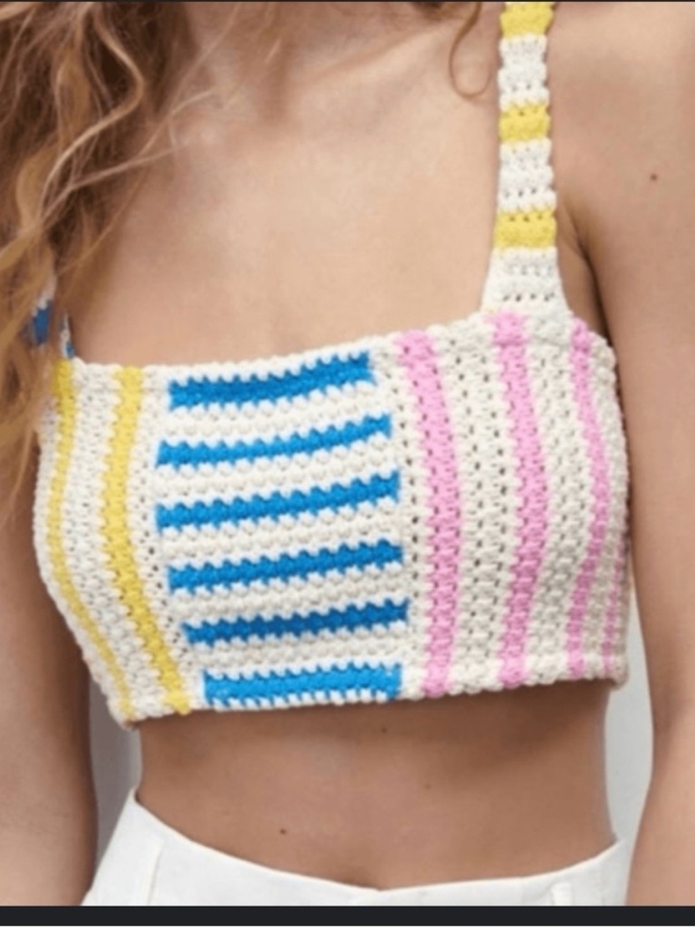 Zara Crocheted Stripe Crop Top in White, Blue, Pink & Yellow